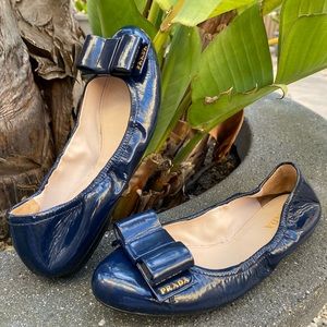 PRADA Patent Leather Bow Ballet Flats Navy Blue
